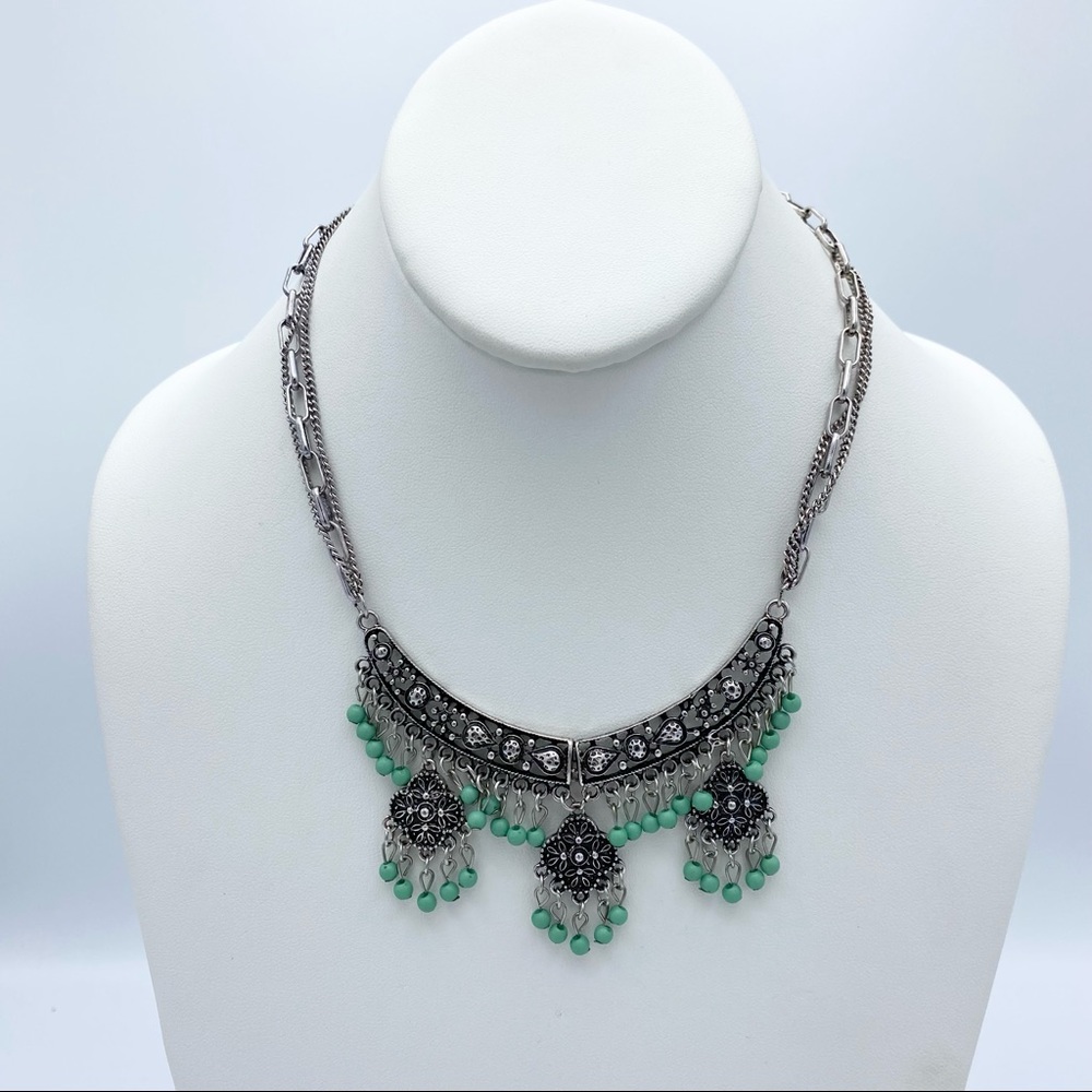 Southwestern Boho Silver Tone Multi Strand Dangling Beaded Statement Necklace